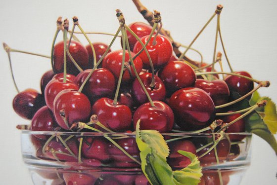 Still life with cherries , Original oil on canvas painting