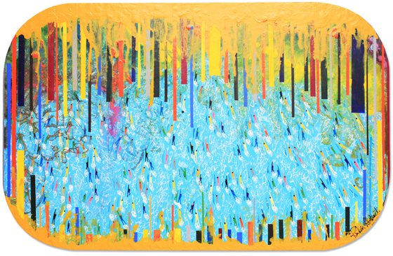 Swimmers 914 Multicolor rainbow sea on mustard yellow rain Painting by Ruben Abstract