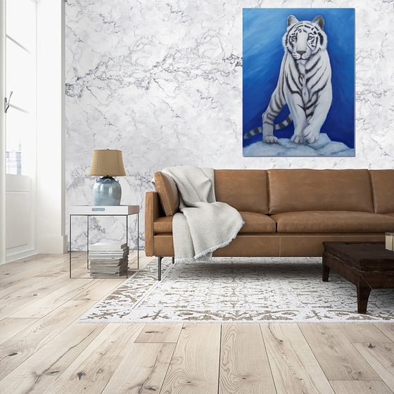 White tiger, Oil painting on canvas, "Out of the Blue"