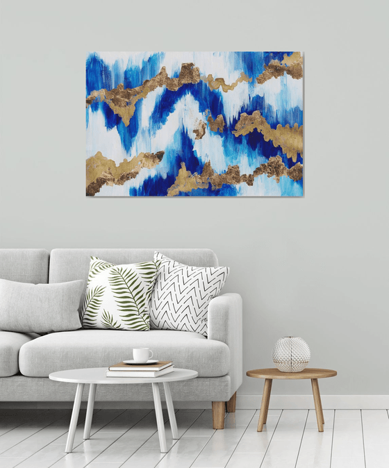 "Northern ligths"  landscape, original acrylic painting, abstract art, office home decor, gold, blue