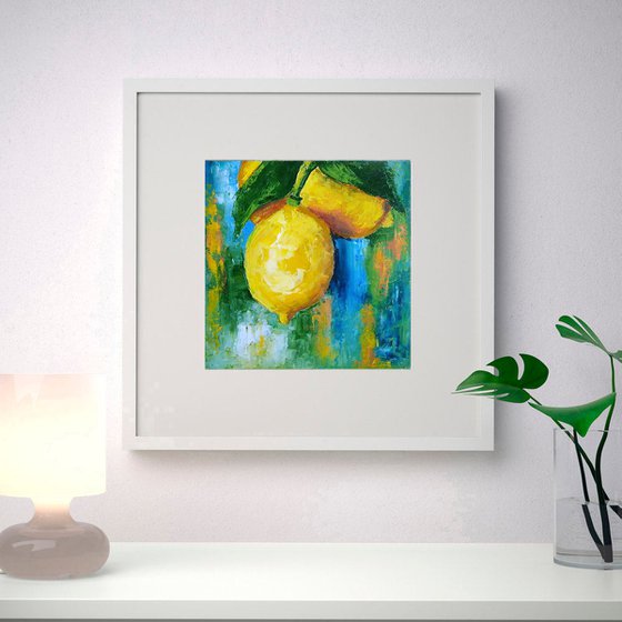 Lemon Painting Original Art Fruit Artwork Citrus Wall Art Small Square Kitchen Decor