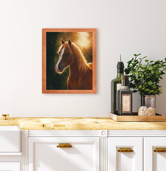 Brown horse portrait at sunset