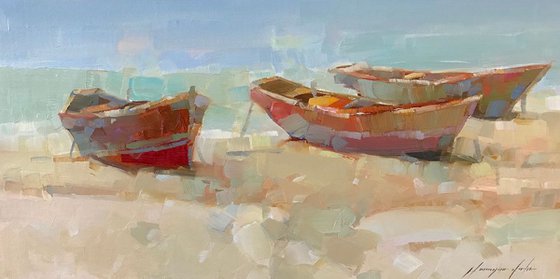 Boats on the Shore, Original oil painting, Handmade artwork, One of a kind