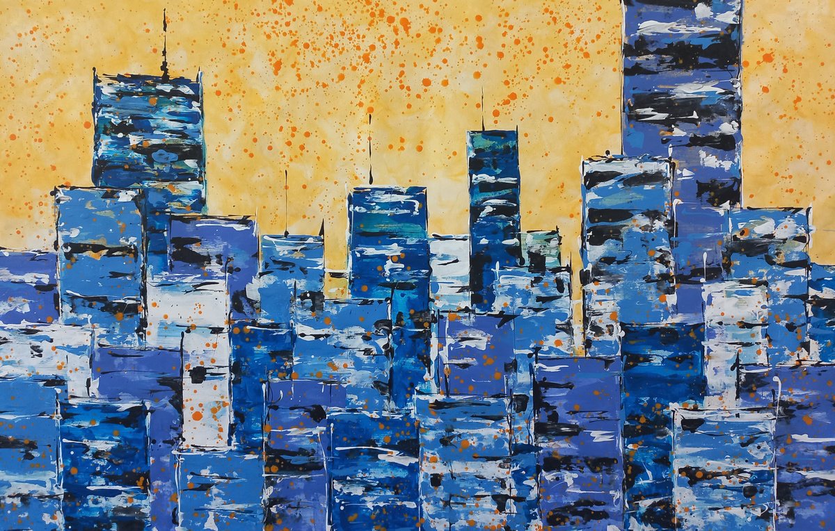 Abstract Cityscapes Acrylic Painting By Max Yaskin, 63 X 42", New York City Lights 5 By M.y., Original Artwork