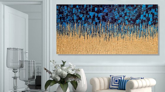 Blue & Gold Cascade - LARGE,  TEXTURED, PALETTE KNIFE ABSTRACT ART – EXPRESSIONS OF ENERGY AND LIGHT. READY TO HANG!