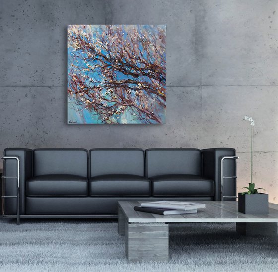 Flowering apricot tree - Original oil painting