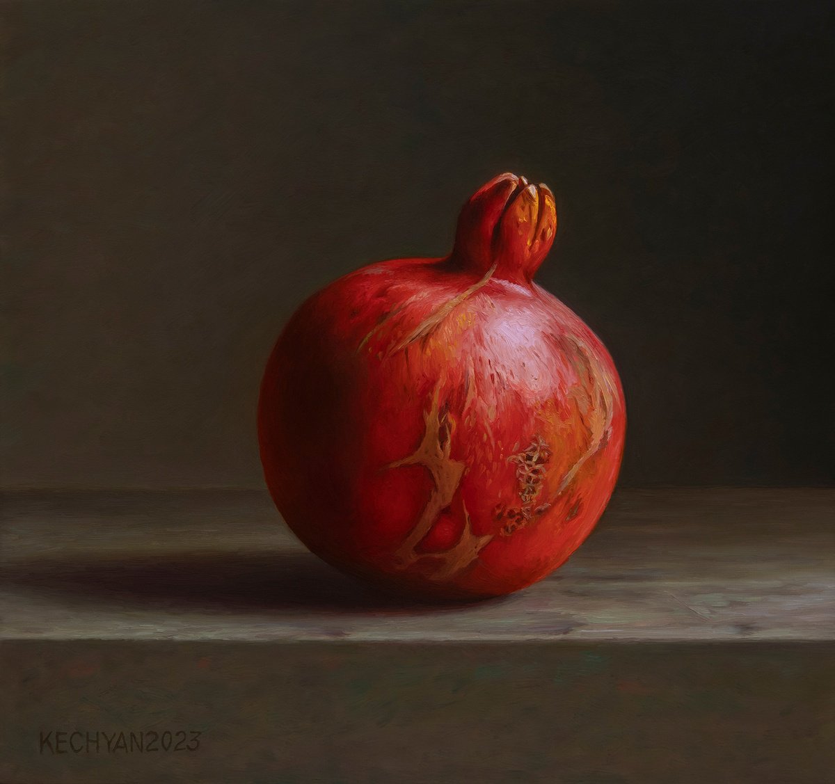 Photorealistic Still Life Oil Painting By Albert Kechyan, 10 X 9, Pomegranate, Original Artwork