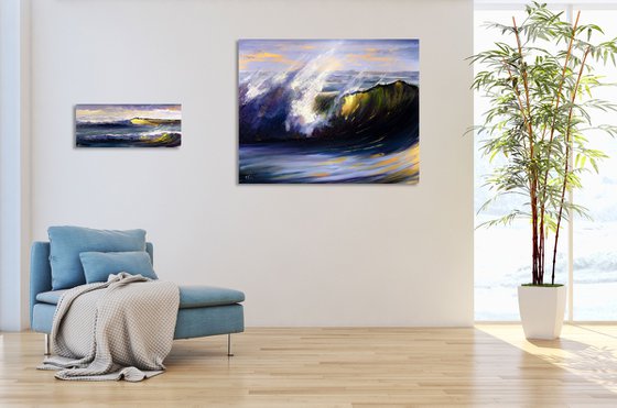 Golden Glass Wave. Seascape painting