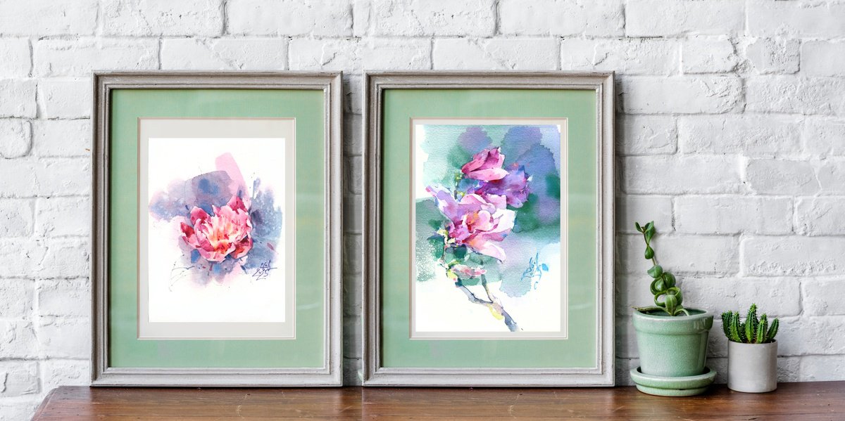 Impressionistic Botanical Watercolour By Ksenia Selianko, 6 X 9", Diptych