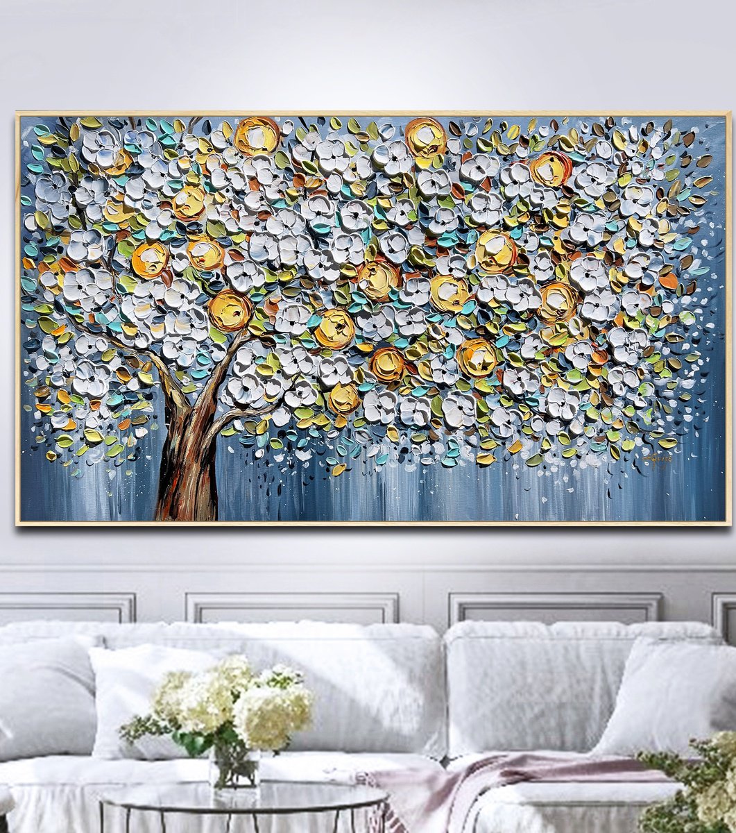 Abstract Landscape Acrylic Painting By Lana Guise, 49 X 29", Golden Essence Tree, Original Artwork