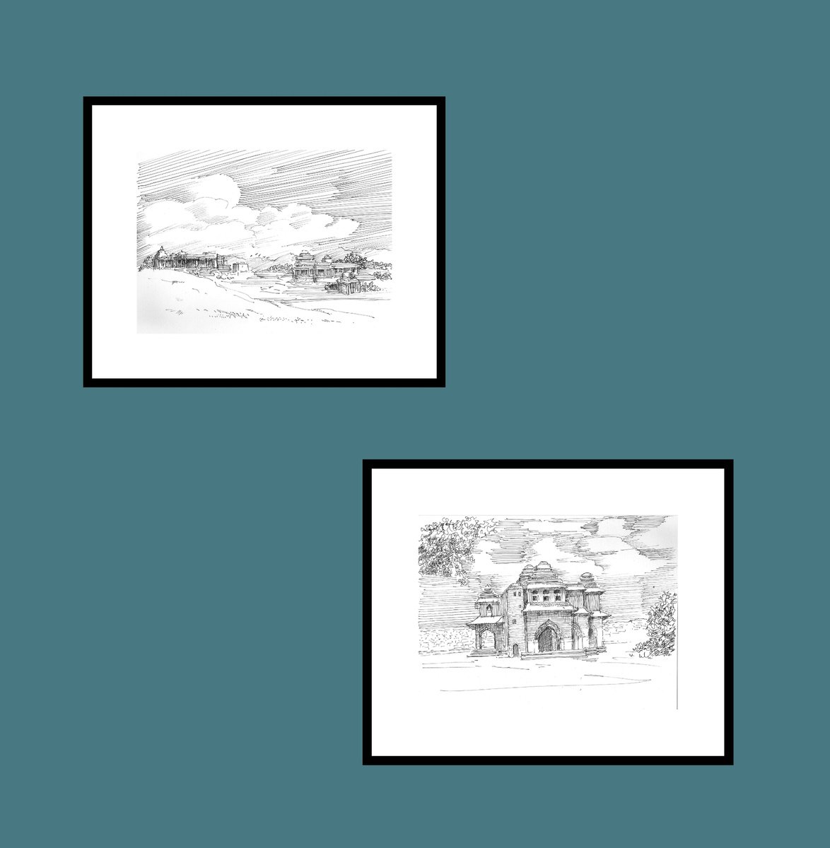Illustrative Cityscapes Ink Drawing By Asha Shenoy, 9 X 7, Set Of Two- Hampi Ruins, India, Original Artwork