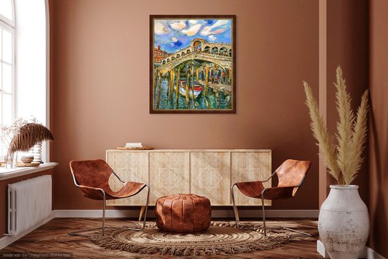 VENICE, RIALTO BRIDGE - Venice cityscape, landscape  - original painting, oil on canvas, architecture, bridge, water, love, vacations , interior home decor