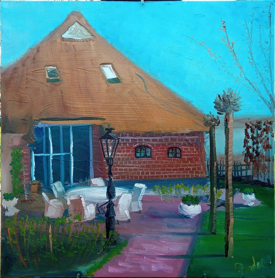 Cozy courtyard near the house with a thatched roof. Plein Air