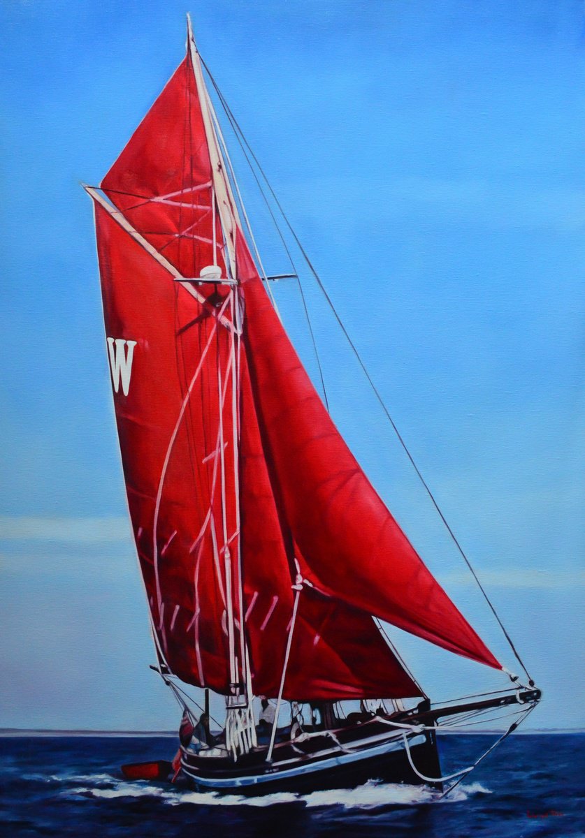 Photorealistic Landscape Oil Painting By Cene Gal Istvan, 28 X 39, Red Sailboat, Original Artwork