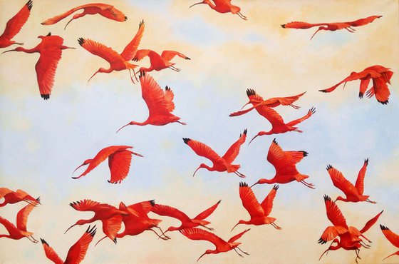 RESERVED  -Flying Scarlet Ibises – Red birds – Tropical birds - original acrylic painting ready to hang