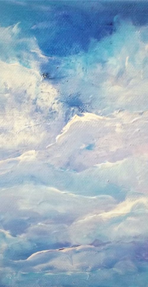 Wish You Were Here - Finger painted clouds, acrylic, small box frame by Lisa Price