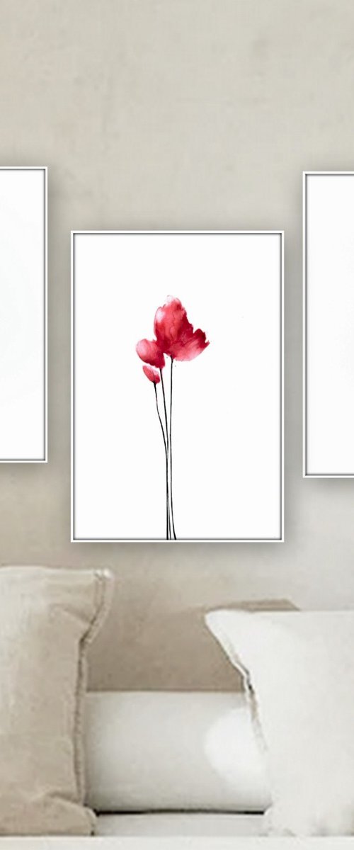 Poppies. Set of 3 Floral Artworks. by Nadia Moniatis