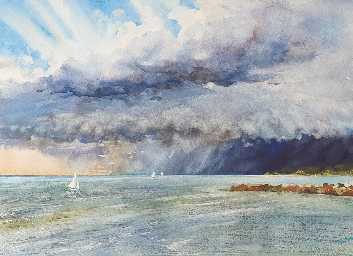Impressionistic Landscape Watercolour By Sonata Art, 16 X 12", Before The Thunderstorm Watercolour Seascape, Original Artwork