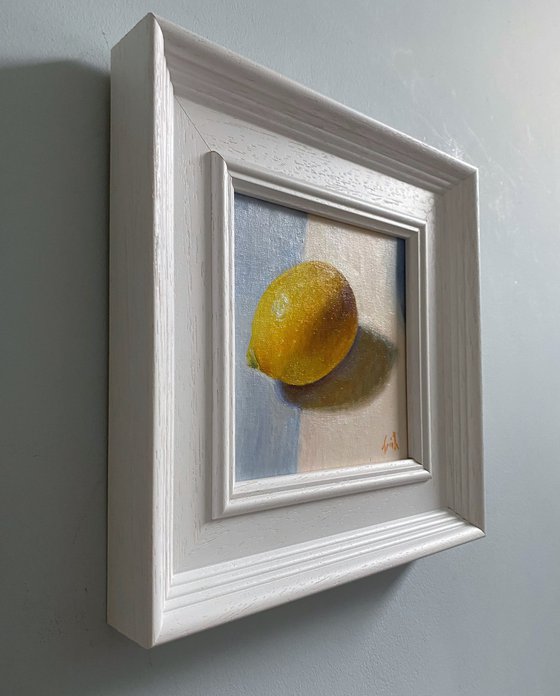 Lemon Still Life original oil realism painting, with wooden frame.