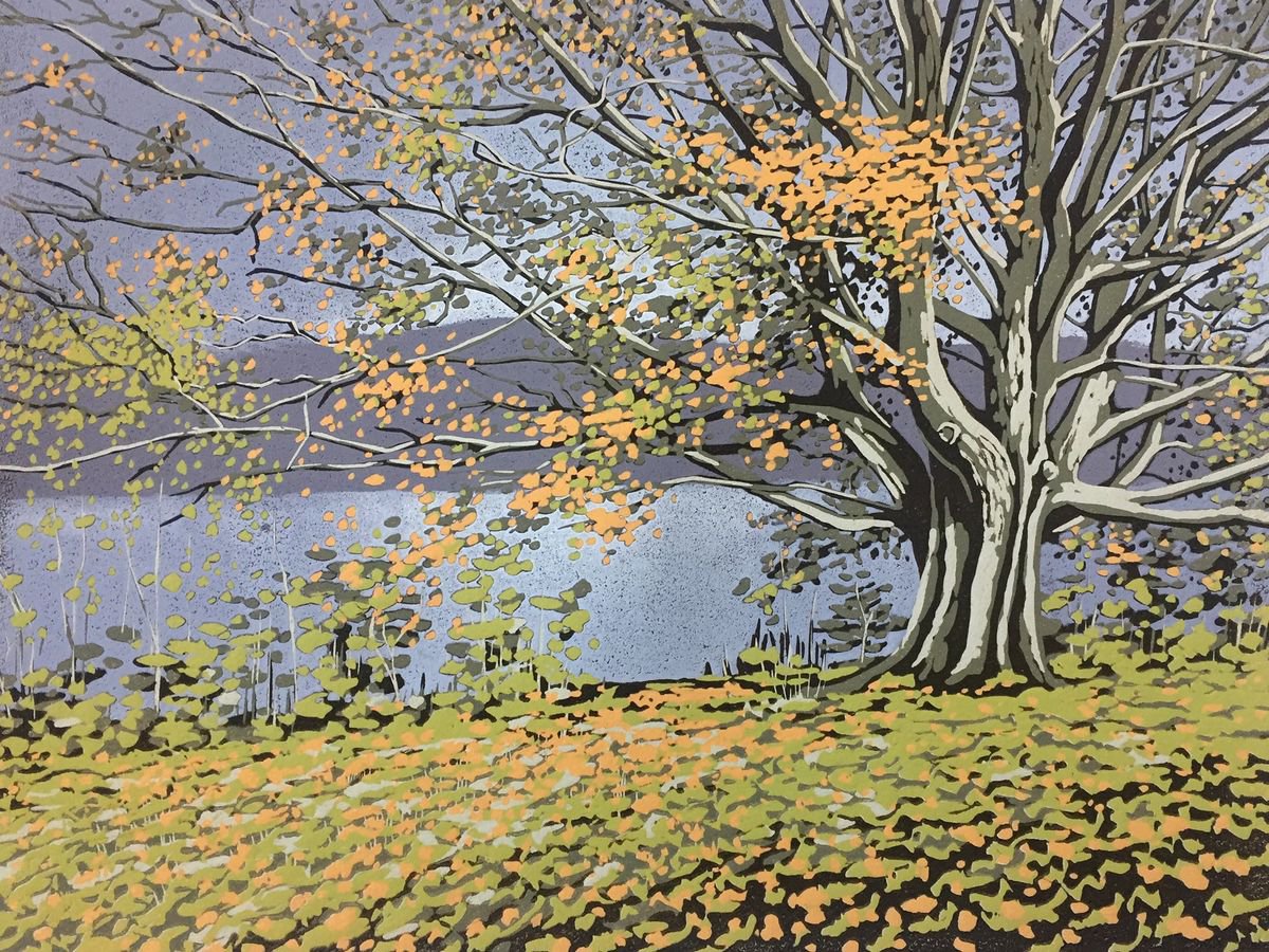 Impressionistic Landscape Linocut By Alexandra Buckle, 18 X 14, Grasmere Tree, Original Artwork