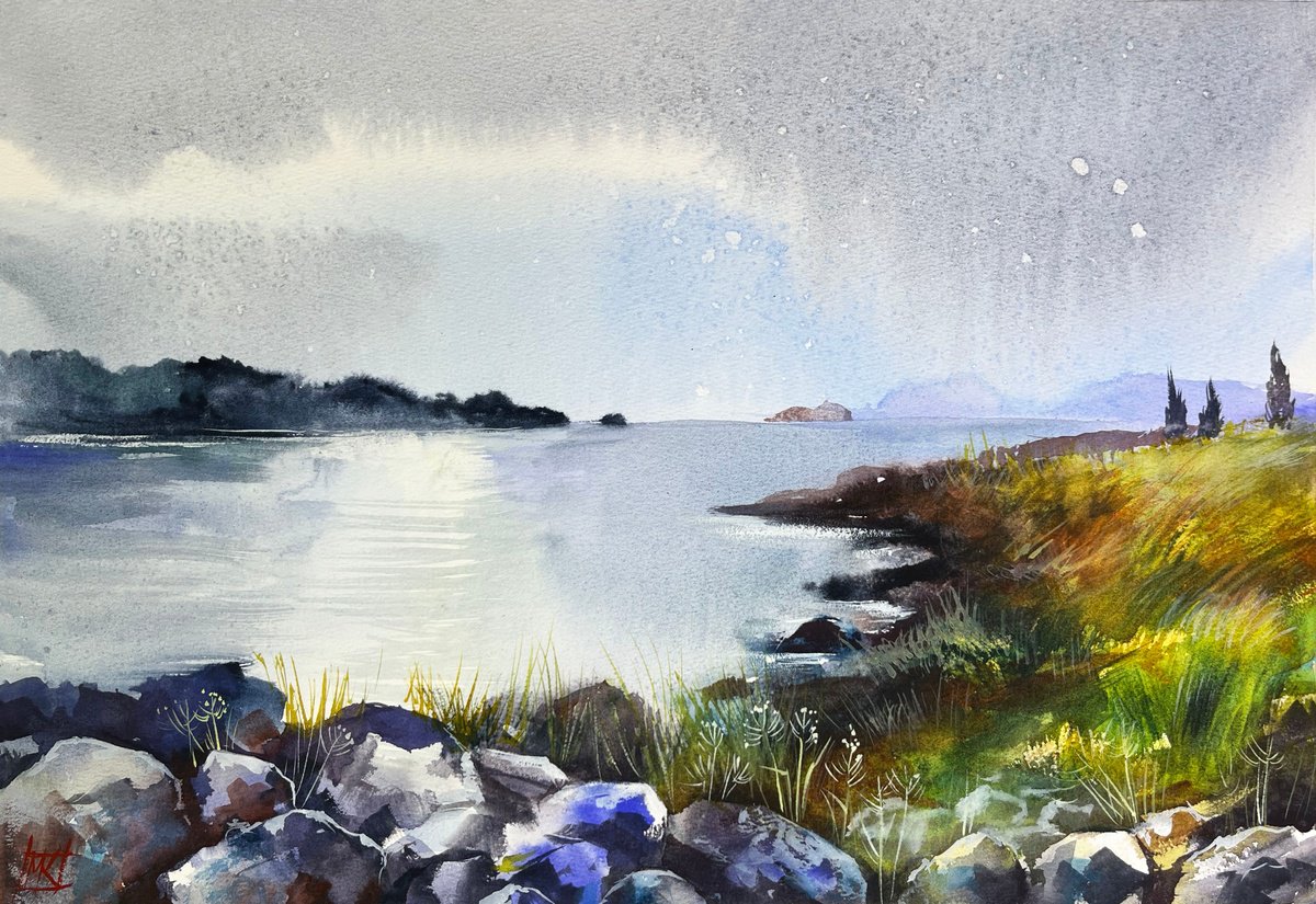 Impressionistic Landscape Watercolour By Maria Kireev, 21 X 15", Paradise In Cancale, Original Artwork