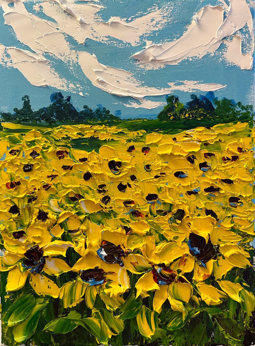 Impressionistic Botanical Oil Painting By Oksana Fedorova, 12 X 16", Sunflowers Field Impasto, Original Artwork