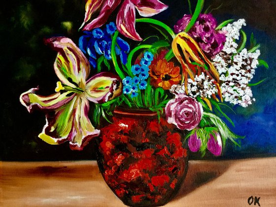Bouquet of flowers in a vase modern tulips and roses duth style red pink still life  blue oil painting