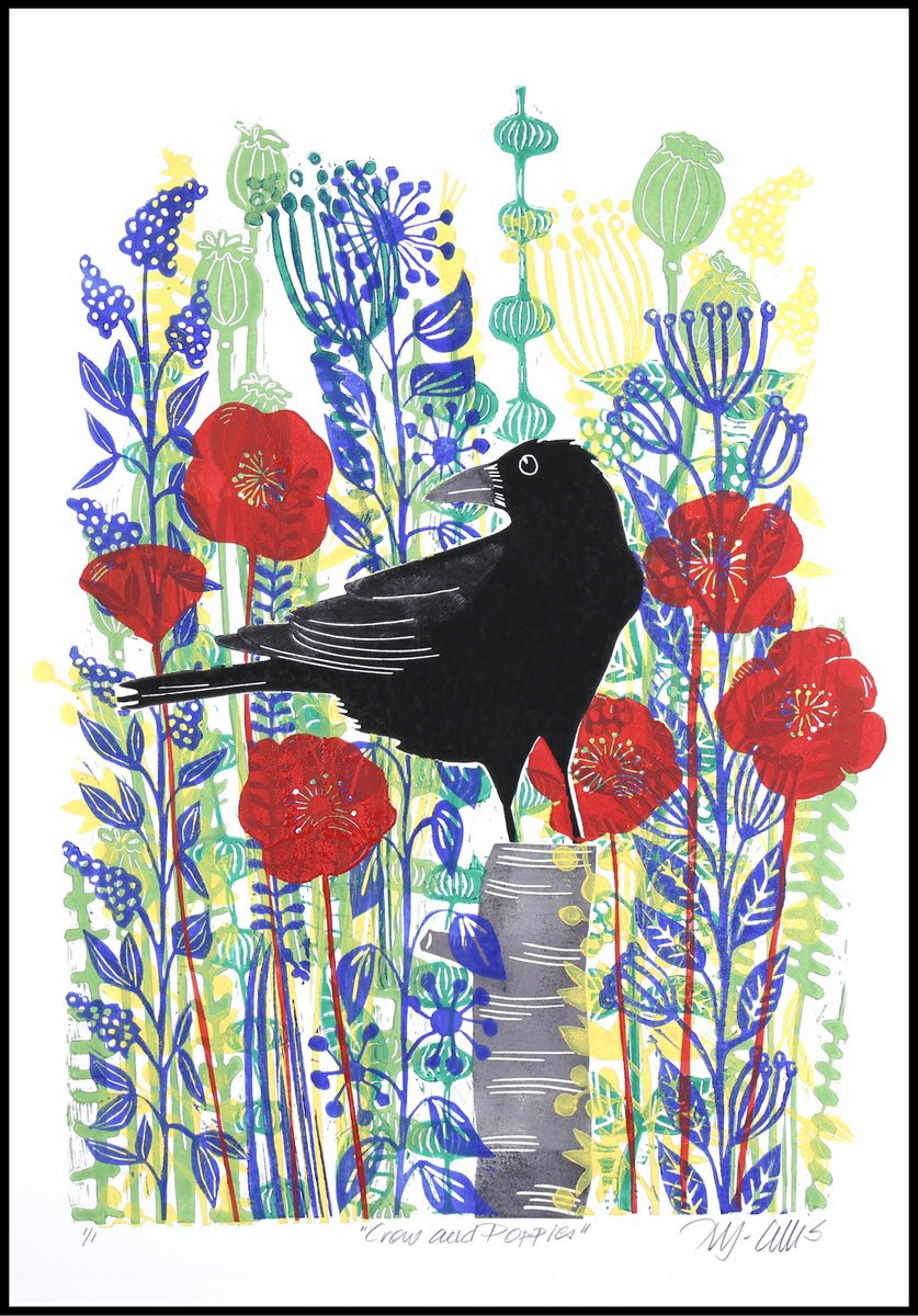 Crow and poppies by Mariann Johansen-Ellis