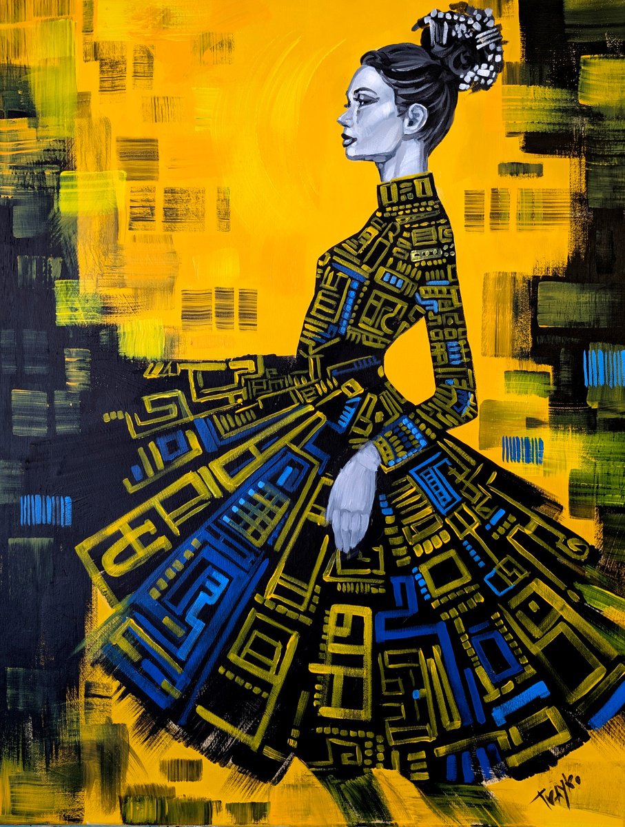 Abstract Portrait Acrylic Painting By Trayko Popov, 28 X 35", Golden Echoes, Original Artwork