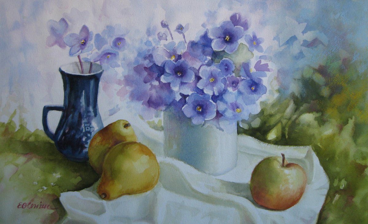 Impressionistic Still Life Watercolour By Elena Oleniuc, 22 X 14, Violetes, Original Artwork