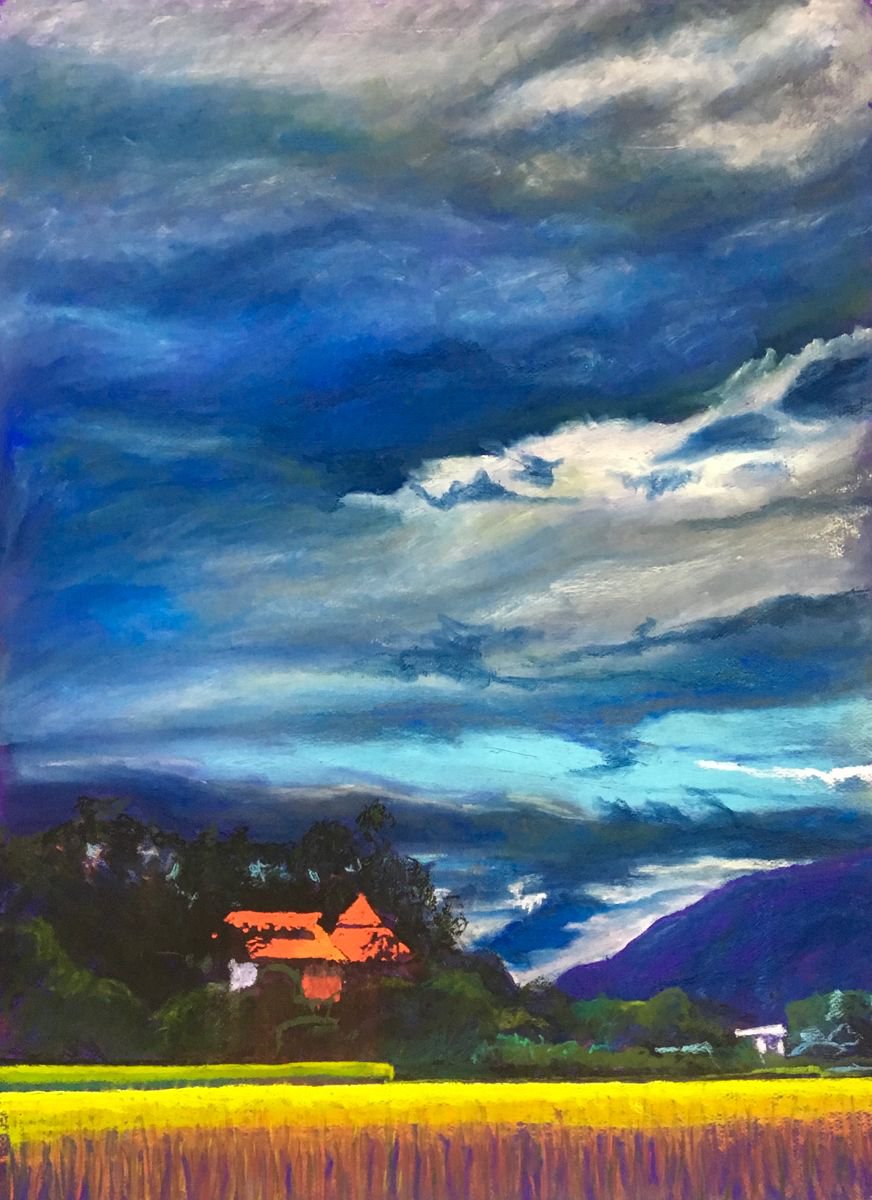 Impressionistic Landscape Pastel Drawing By John Cottee, 22 X 30, House By The Field, Original Artwork