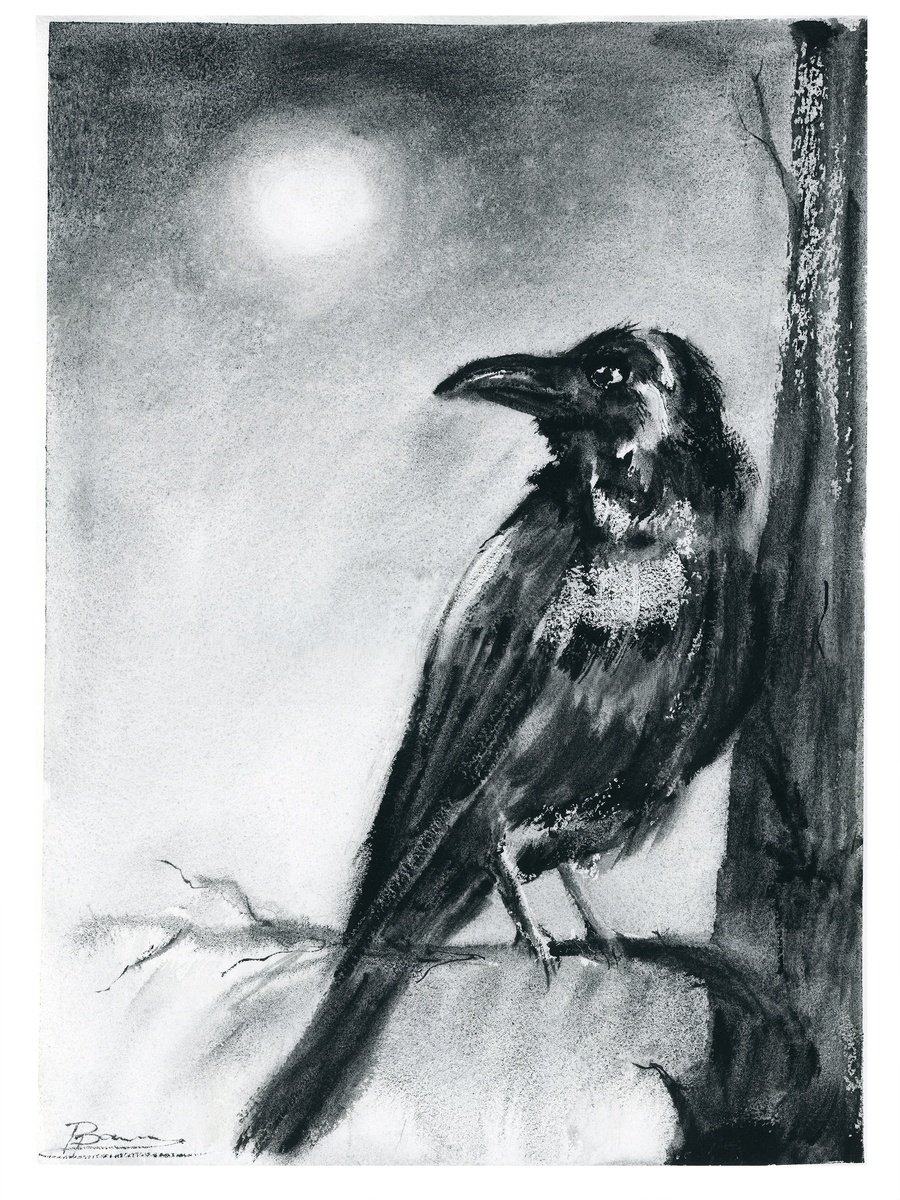 Impressionistic Animal Watercolour By Olga Tchefranov (Shefranov), 11 X 15", Raven In Moonlight, Original Artwork