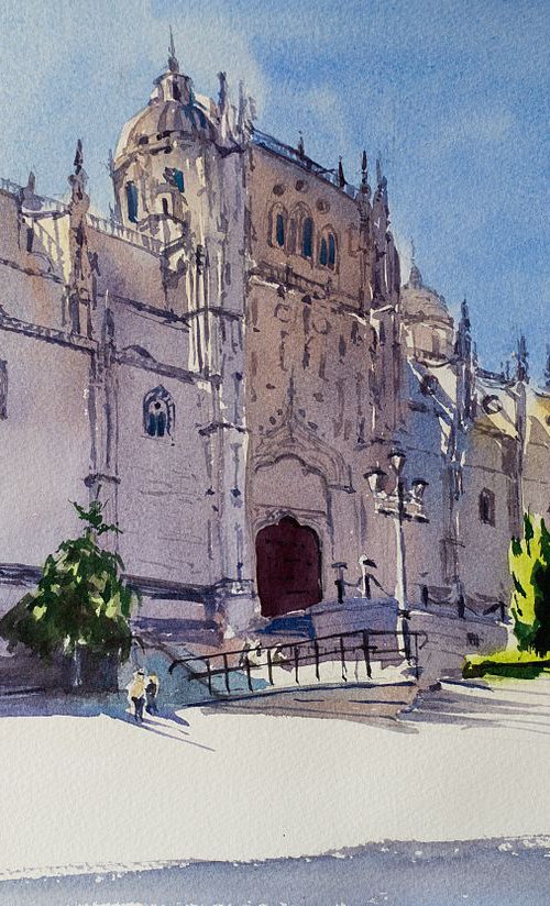 New Cathedral. Salamanca, Spain. Original watercolor. Small urban landscape city travel interior impressionistic mood shadow purple inspiration by Sasha Romm