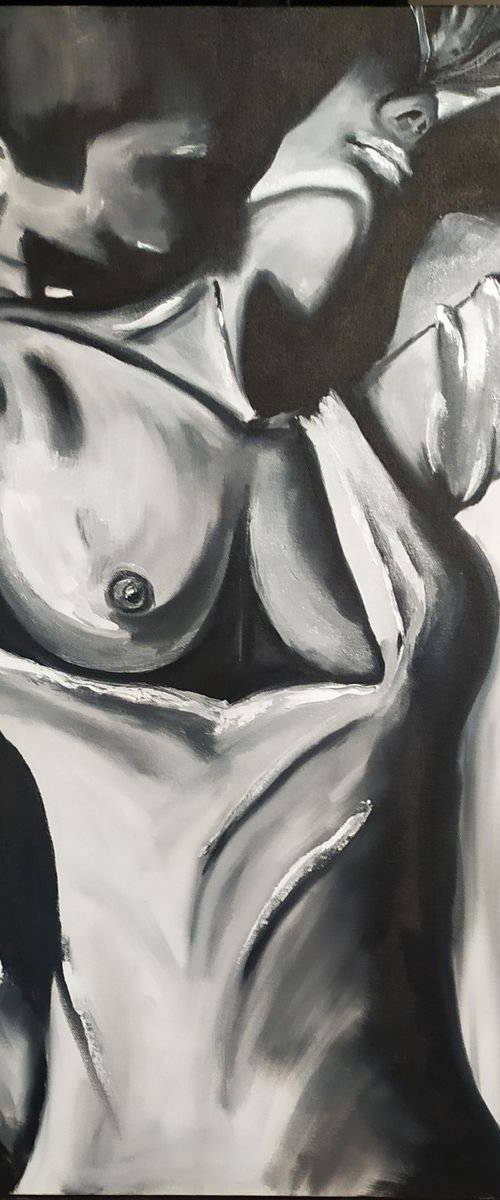 Meeting, original love couple painting, passion, nude erotic bedroom art, gift idea by Nataliia Plakhotnyk