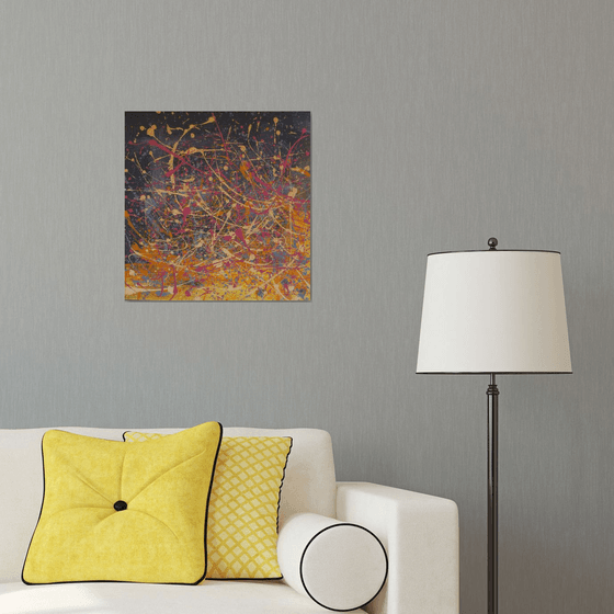 Bright Grey Yellow Pink Gold Drops Abstract Ready to Hang Acrylic Painting 50x50 cm Ready to Hang