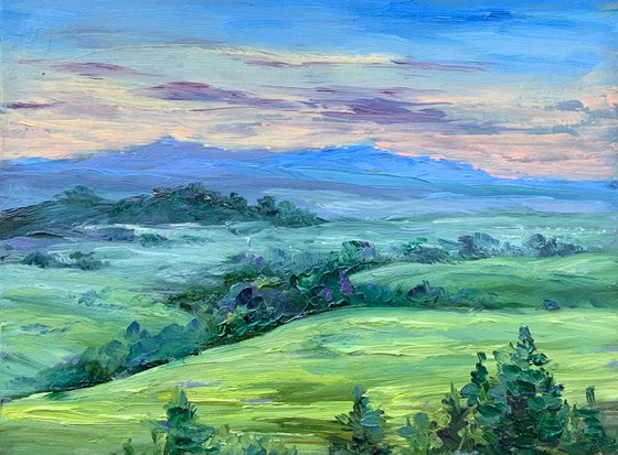 Morning fog.  Small painting, Landscape in oil.