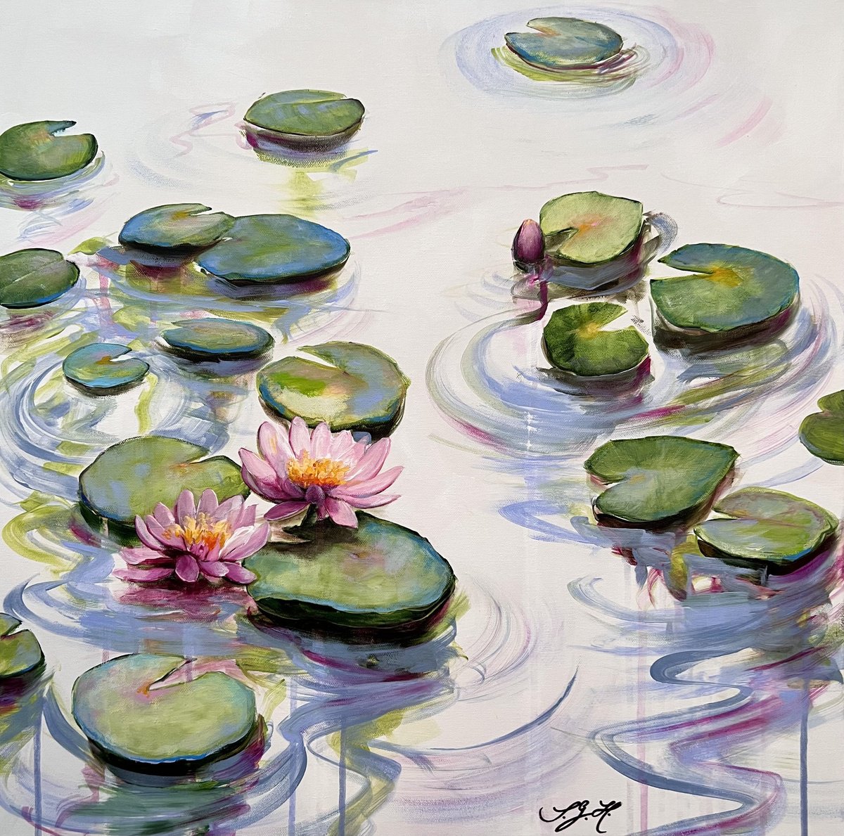 Impressionistic Botanical Acrylic Painting By Sandra Gebhardt-Hoepfner, 24 X 24", Happy At The Pond 6, Original Artwork