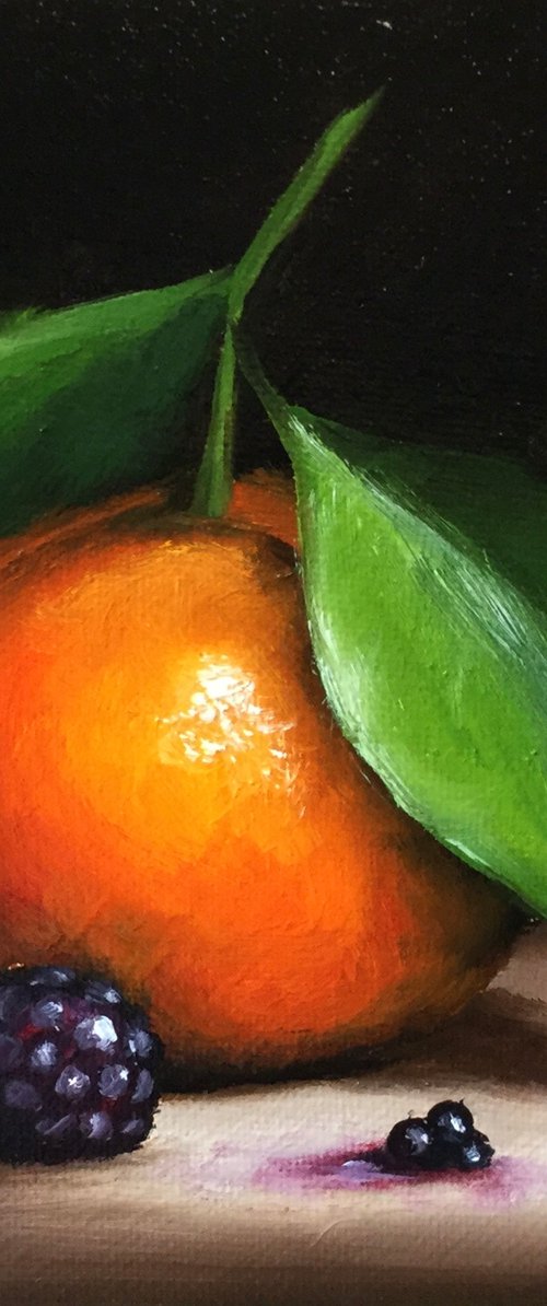 Small Clementine with blackberries still life by Jane Palmer Art