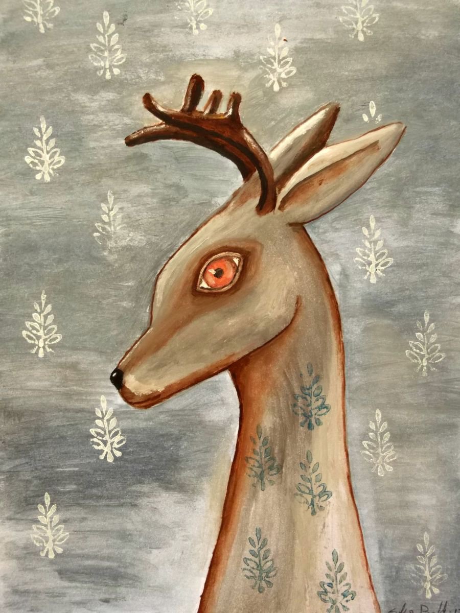 The deer on blue background - oil on paper by Silvia Beneforti