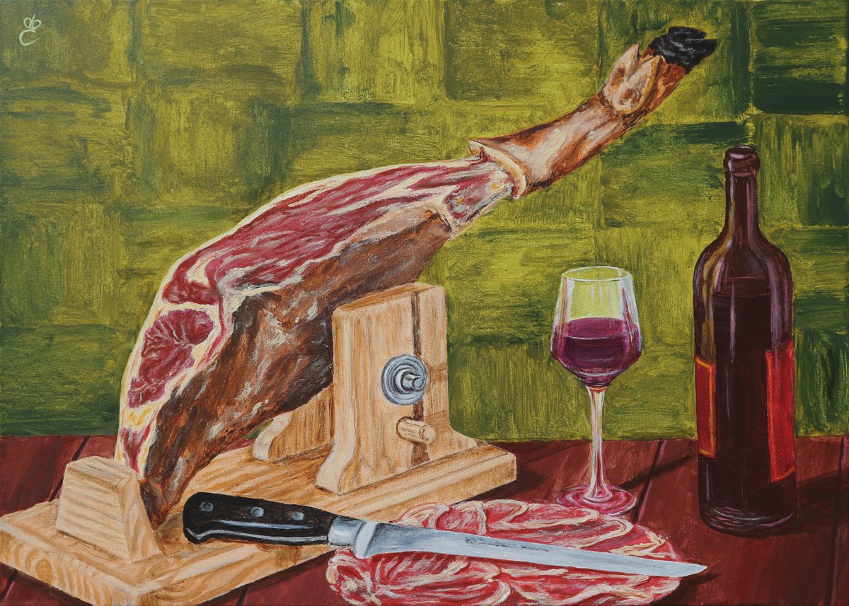 Photorealistic Still Life Acrylic Painting By Dmytro Yeromenko, 28 X 20, Jamon And Wine, 70*50, Original Artwork