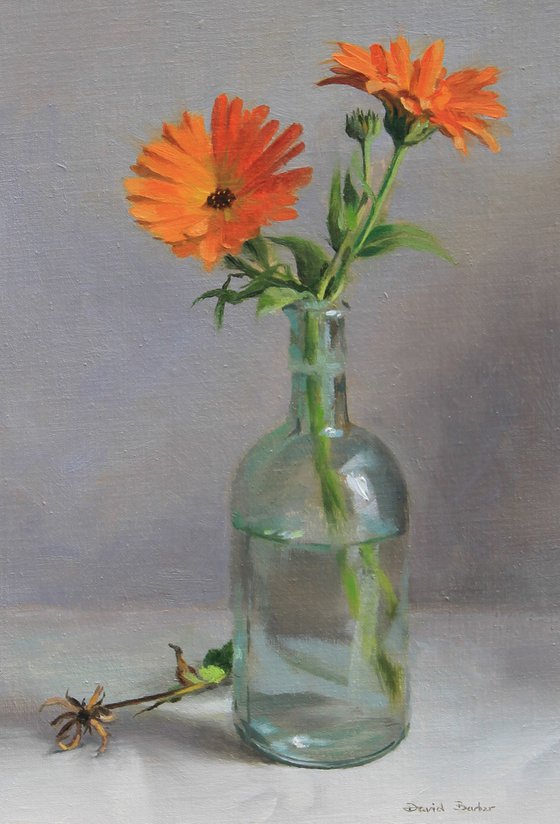 Flowers in a Bottle, small still life oil painting