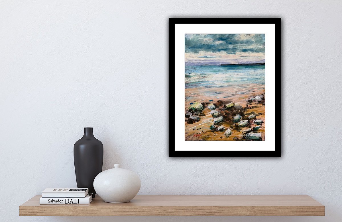 Impressionistic Landscape Pastel Drawing By Andrew Moodie, 12 X 16, Evening Sky And Rocks, Original Artwork