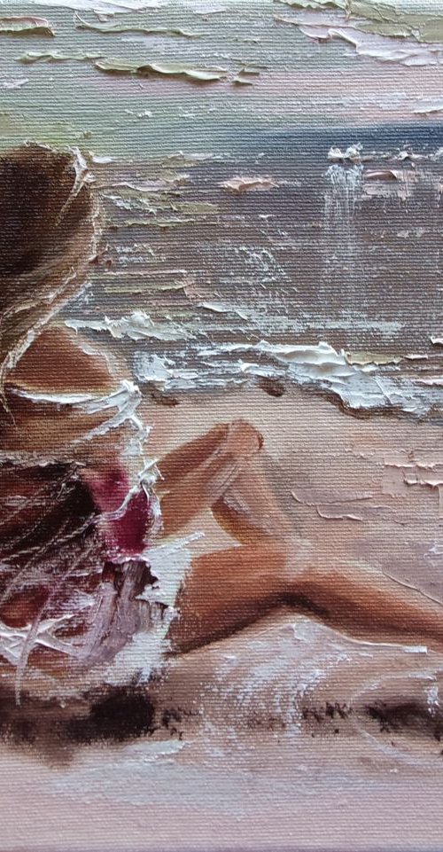" LIGHTS OF THE SUMMER EVENING  ... " original painting SEA SUMMER palette knife GIFT by Monika Luniak
