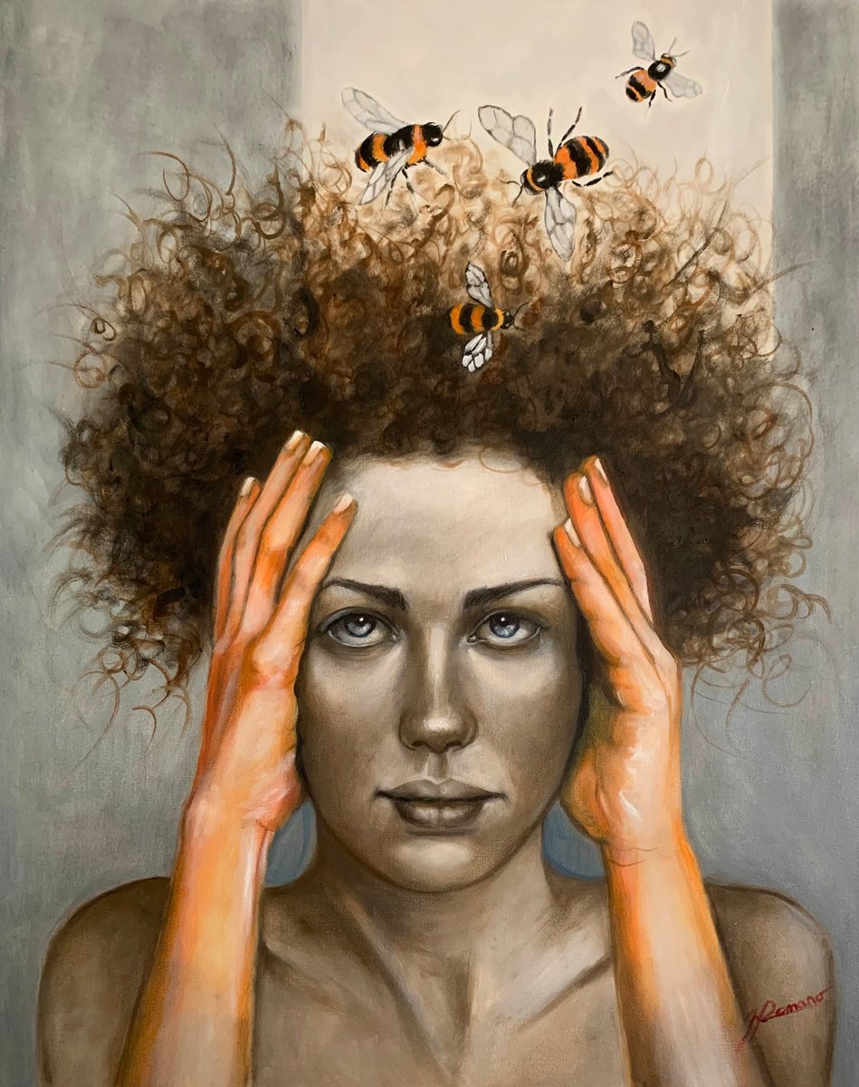 Expressive Portrait Oil Painting By Maria Romano, 16 X 20", Mental Buzz, Original Artwork