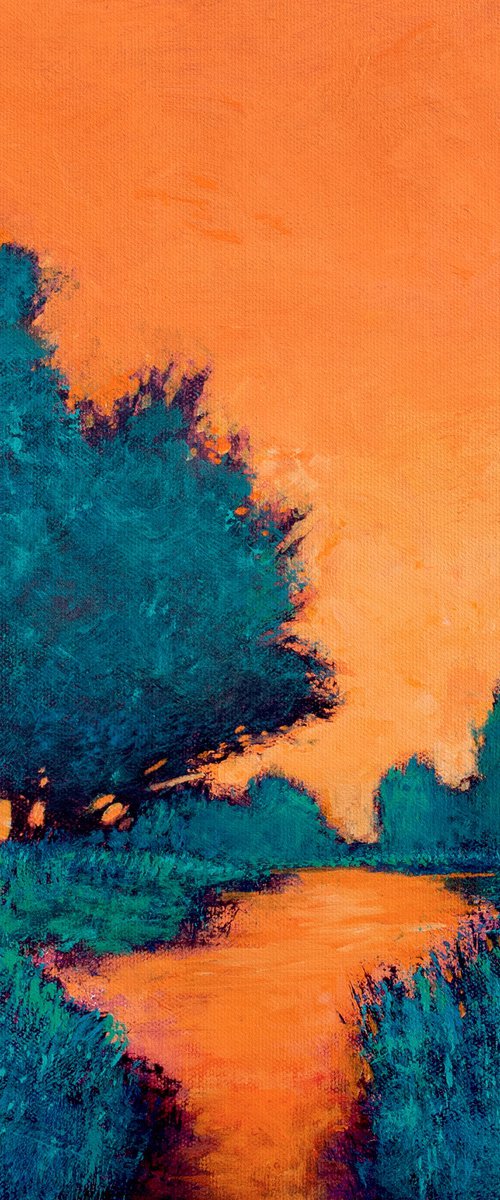 Orange Sunset 230103, colorful sunset landscape with field, water  & trees by Don Bishop
