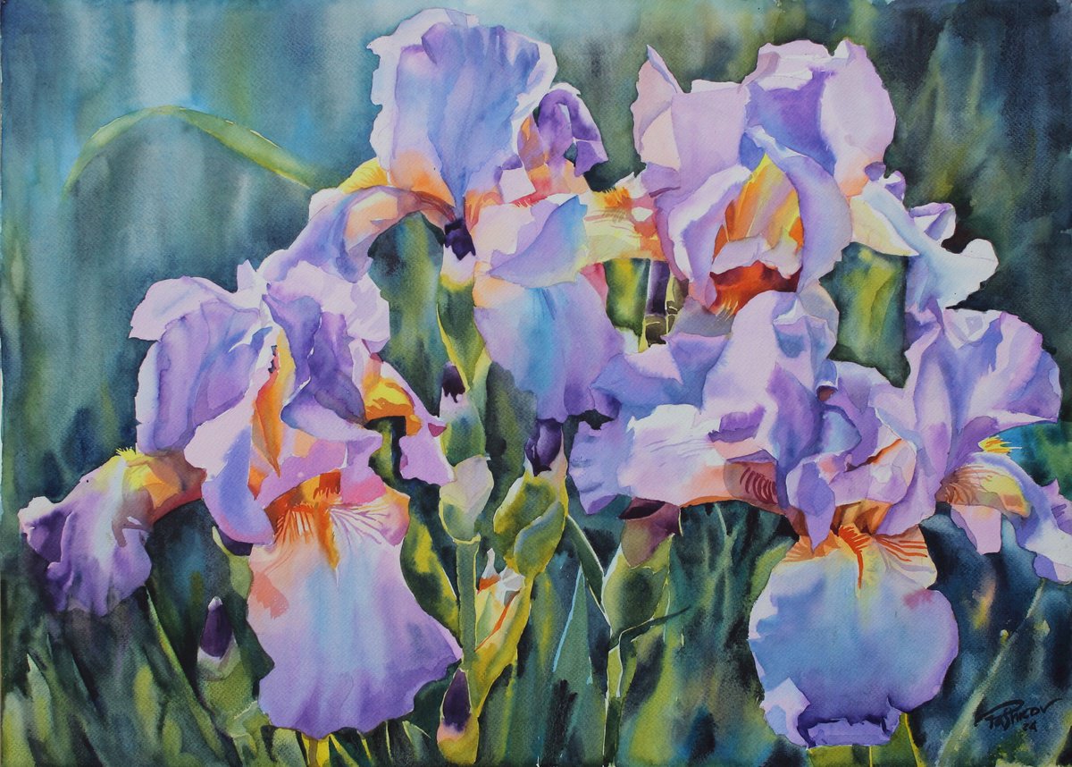 Impressionistic Botanical Watercolour By Yurii Pashkov, 30 X 22", Pink Irises#4, Original Artwork