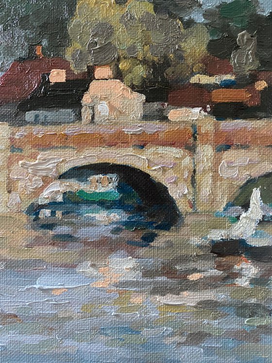 Original Oil Painting Wall Art Signed unframed Hand Made Jixiang Dong Canvas 25cm × 20cm Cityscape Bridge on Avon House Small Impressionism Impasto