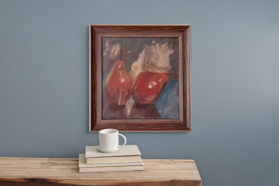 Red pears on blue