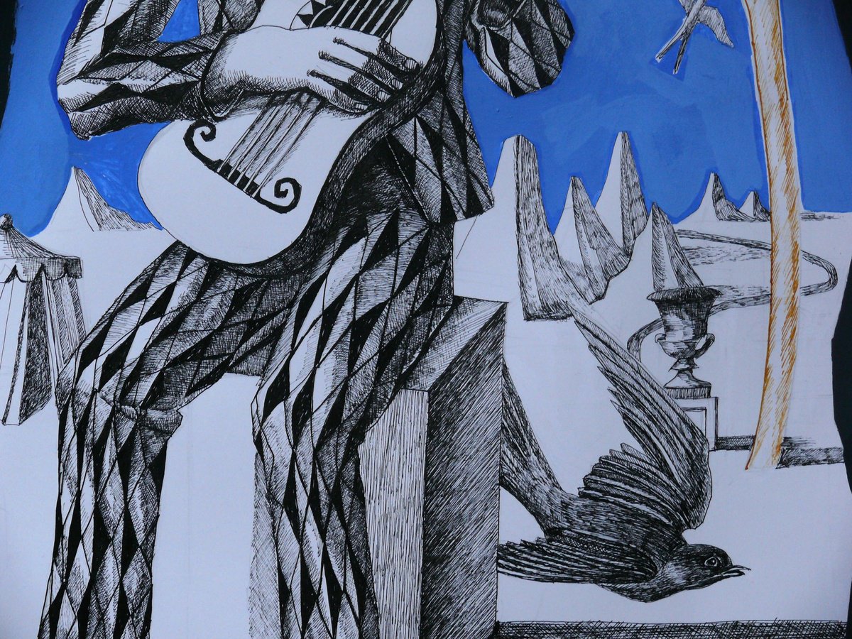 Graphic Portrait Ink Drawing By Paul Rossi, 20 X 25", Harlequin With Guitar, Original Artwork