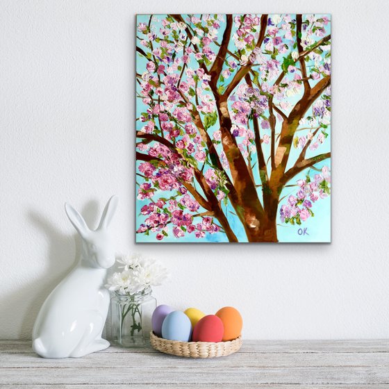 Apple blossom , spring in London pink, white, turquoise 61x71cm ready to hang oil painting